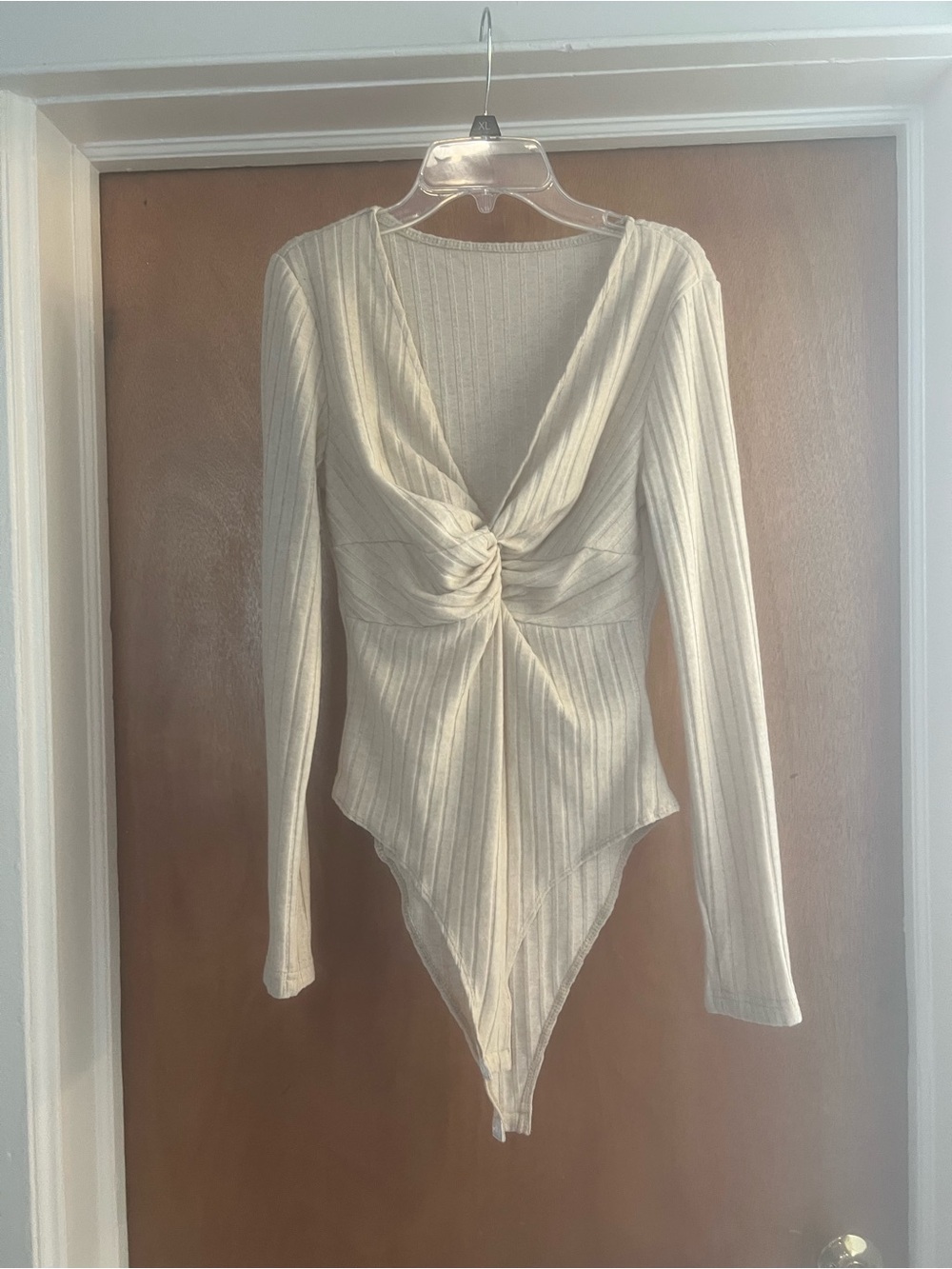 SHEIN Women’s Oatmeal Beige Twist-Front Ribbed Long Sleeve Bodysuit